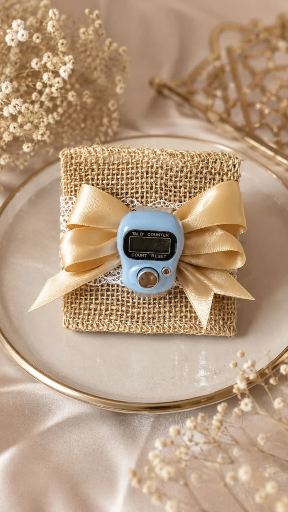 Gold satin ribbon wrapped around a burlap favor