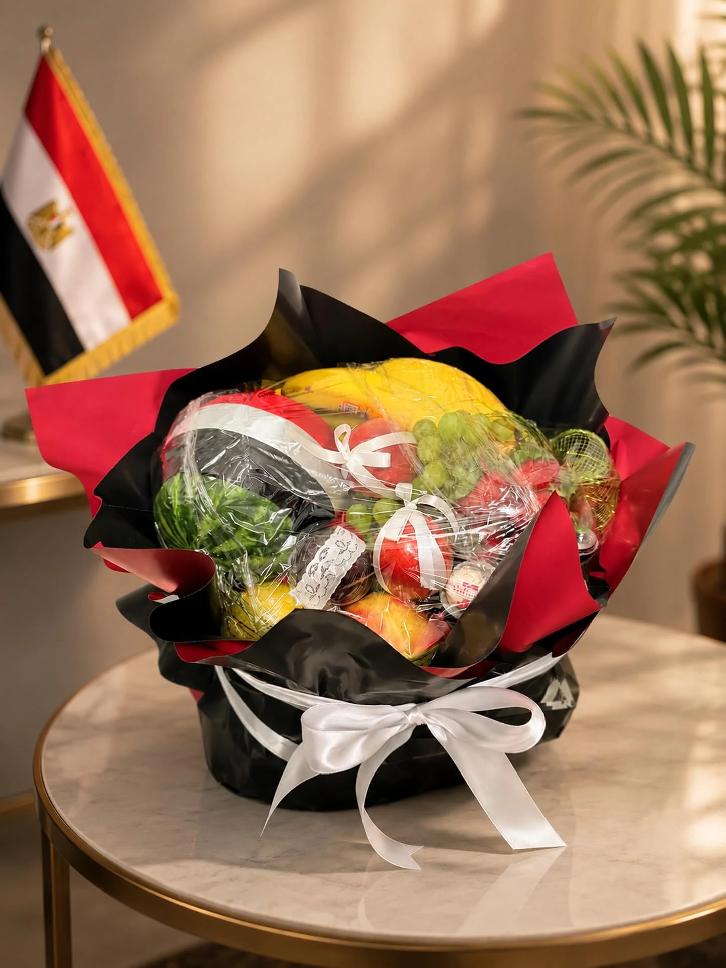 Fresh fruit bouquet in black and red wrapping