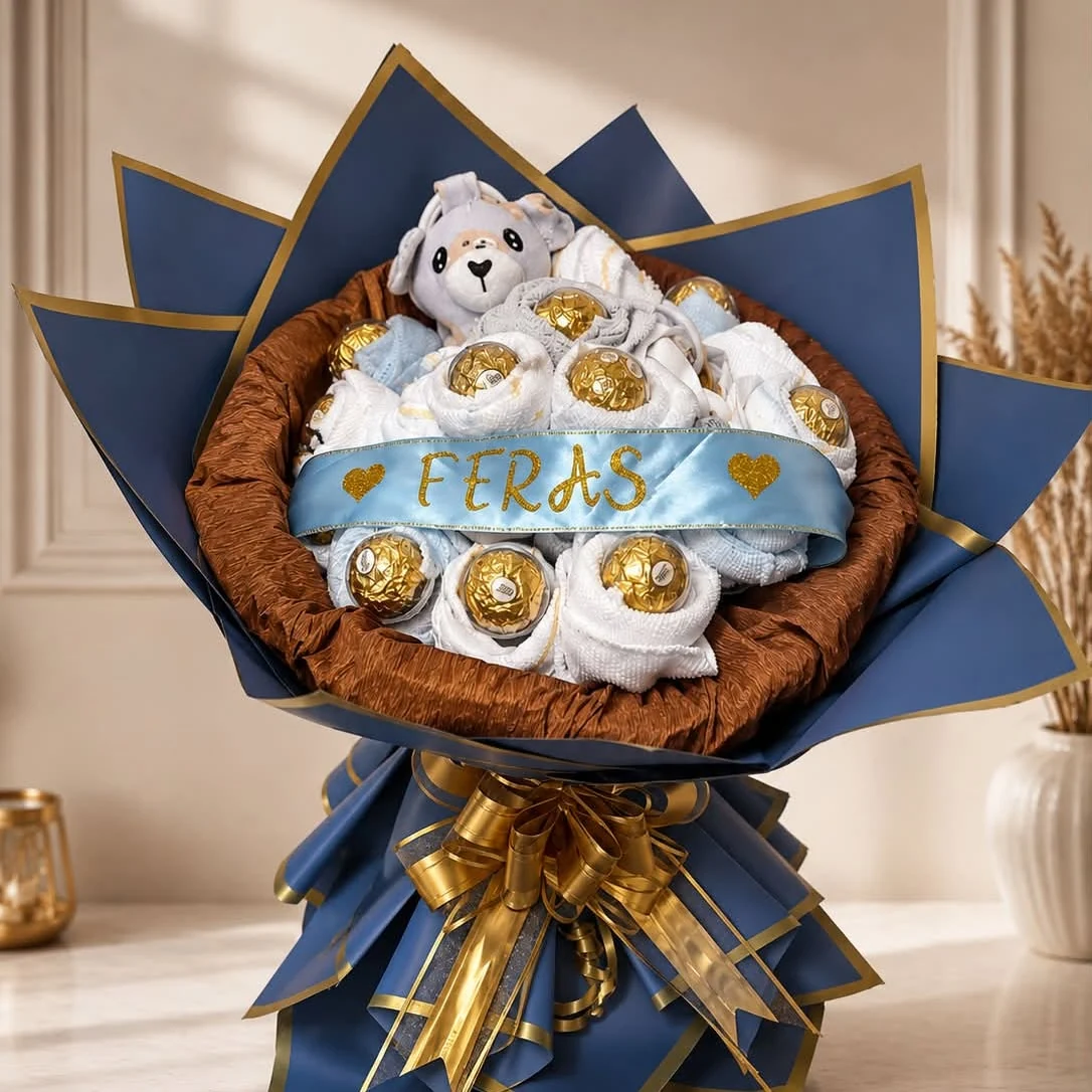 Personalized navy and gold chocolate teddy bouquet